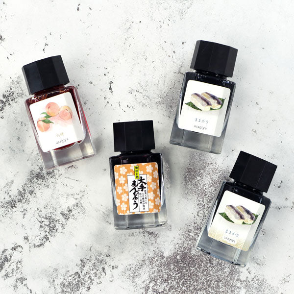 ■うさぎやオリジナルインク■ <備中想色/備前浪漫シリーズ> 万年筆インク 全4色 15ml<箱入り> 水性染料インク 万年筆  白桃/大手まんぢゅう/ままかり