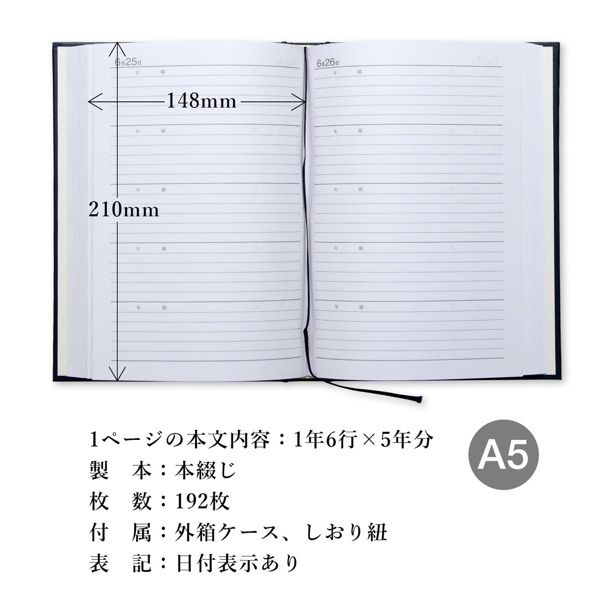 5年用日記《日付表示あり》A5 アピカ D304 日記帳