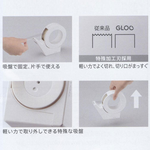 【GLOO グルー】シリーズ テープカッター 白 <吸盤ハンディタイプ 太巻き> コクヨ T-GM500W テープ付属なし